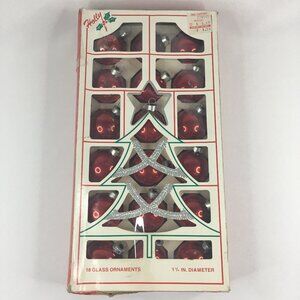 18 Vintage Shiny Solid Red Small 1 3/4" Glass Ball Christmas Ornaments Box Holly